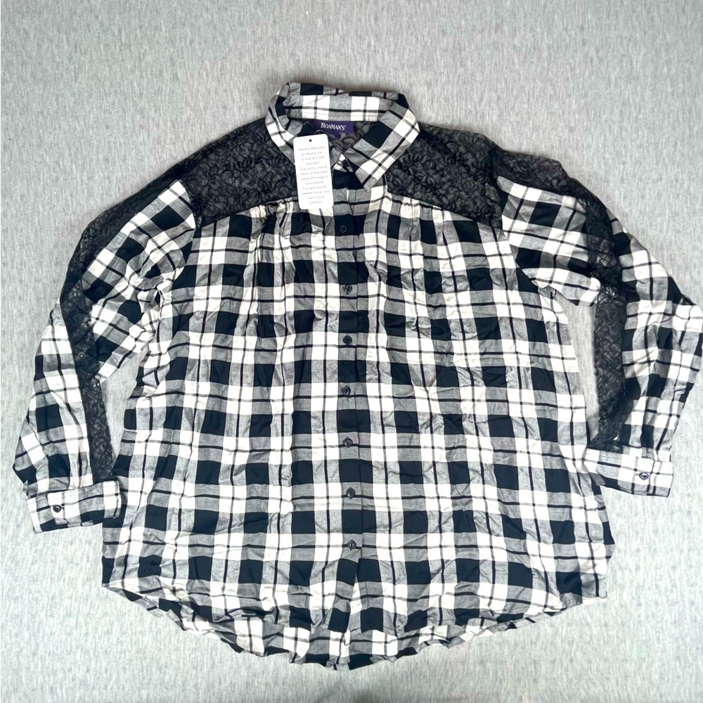 Roamans 22w Plaid Sheer Lace Black And White Long Sleeve Button Up NWOT